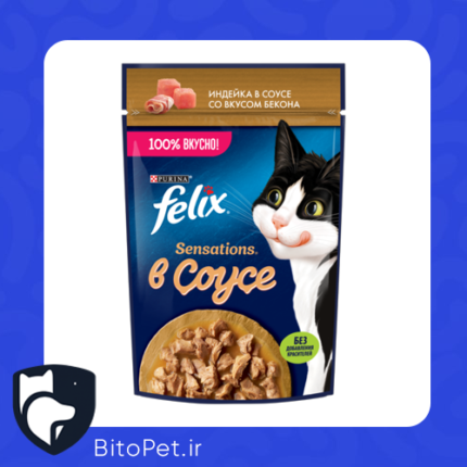 پوچ گربه فلیکس 85 gr گوشت بوقلمون در سس بیکن